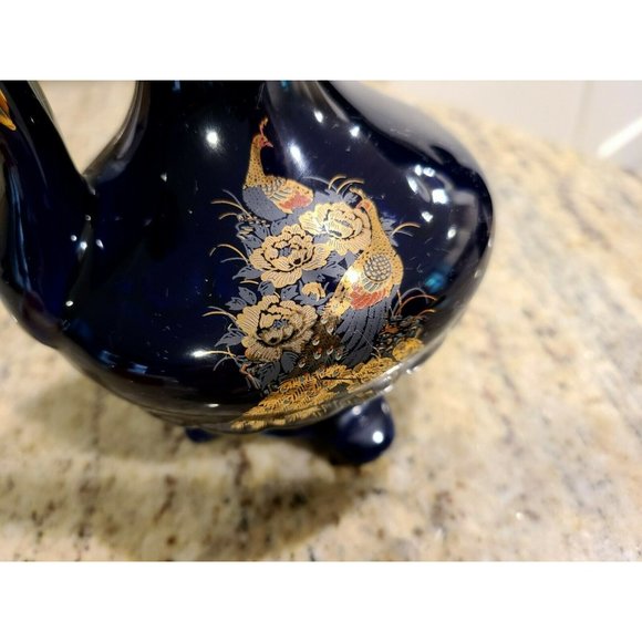 Cobalt Blue Ceramic Gold Trimmed Pitcher Peacock Design 7.5" Tall - Picture 5 of 12